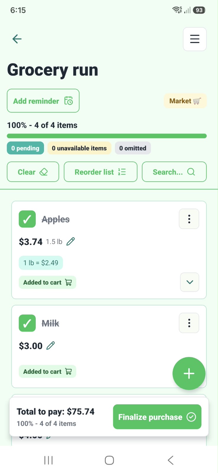 Listto shopping list detail with products, prices and total to pay