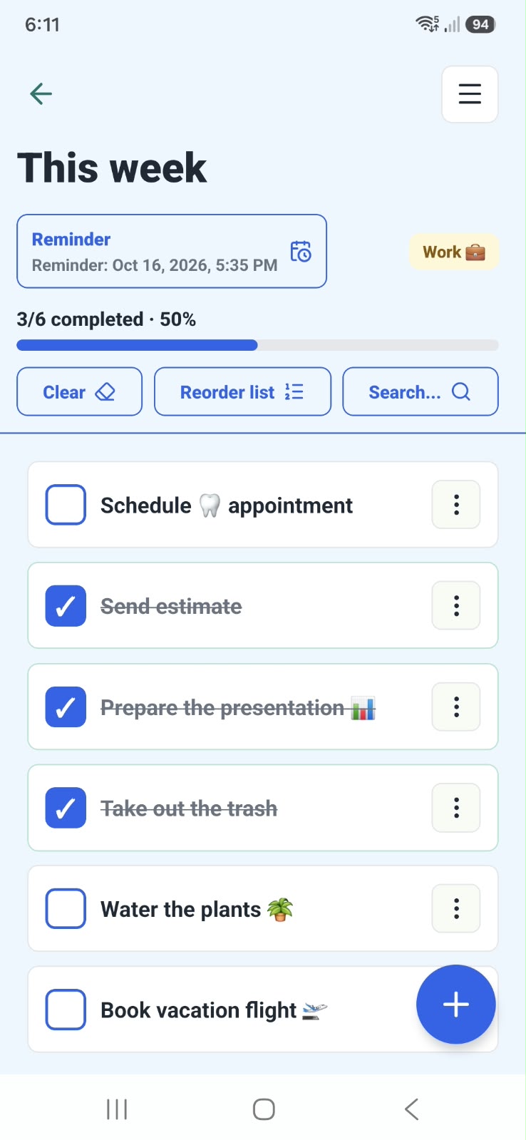 Listto task list detail with a reminder, progress and completed tasks