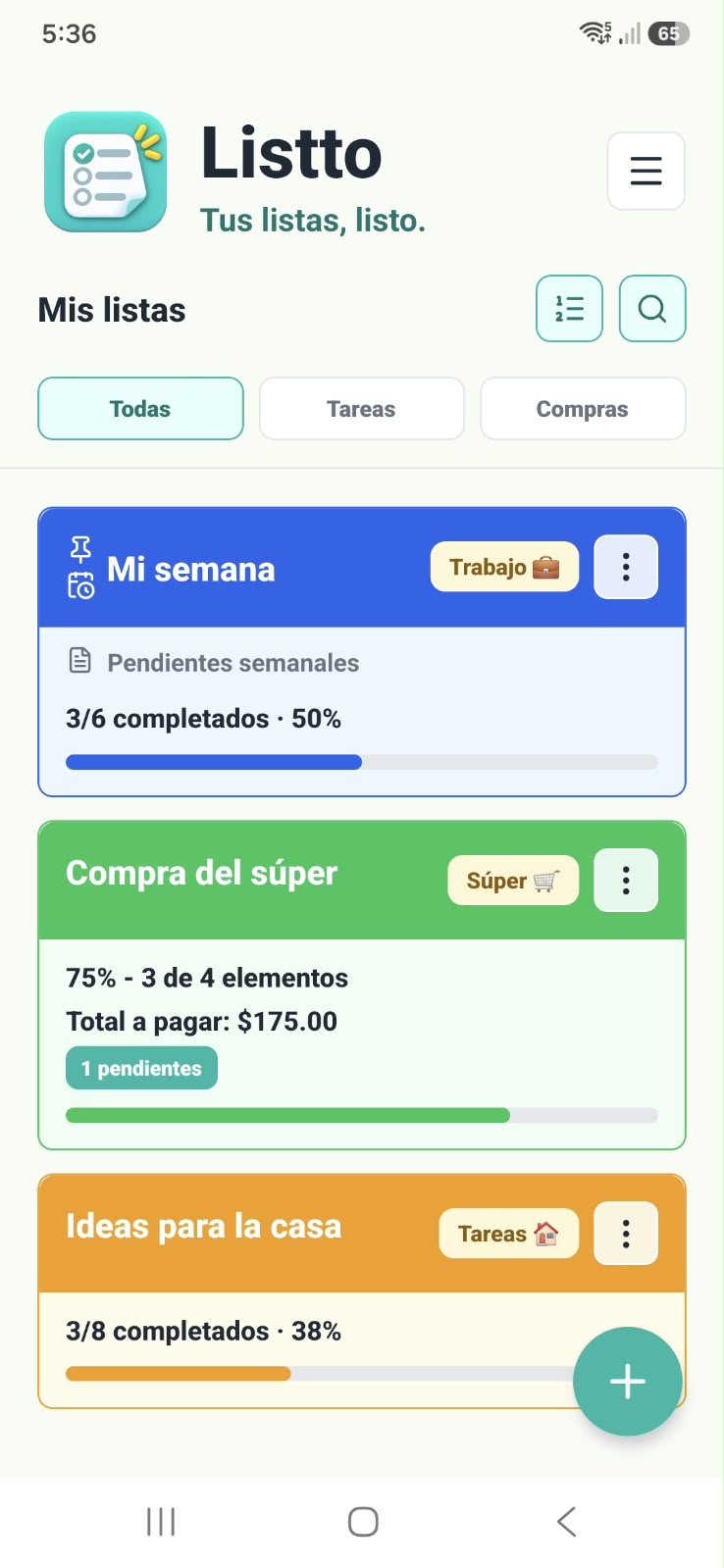 Pantalla de inicio de Listto con listas fijadas, categorías y progreso