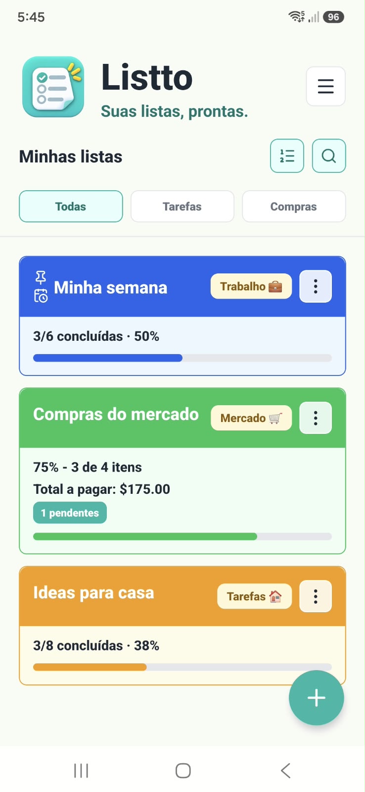 Tela inicial do Listto com listas fixadas, categorias e progresso