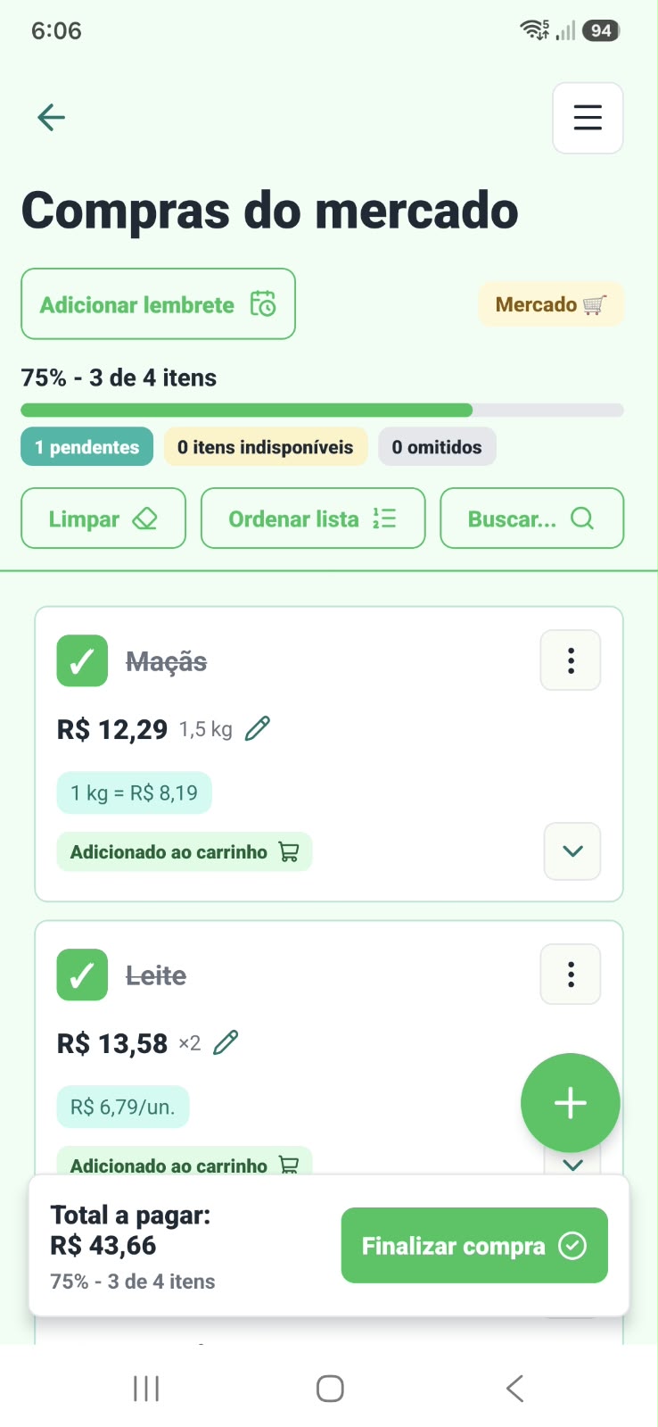 Detalhe de uma lista de compras no Listto com produtos, preços e total a pagar
