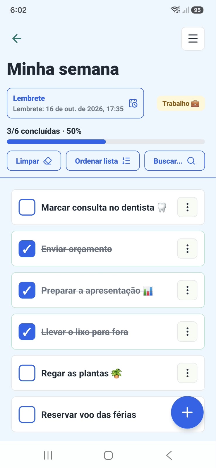 Detalhe de uma lista de tarefas no Listto com lembrete, progresso e tarefas concluídas