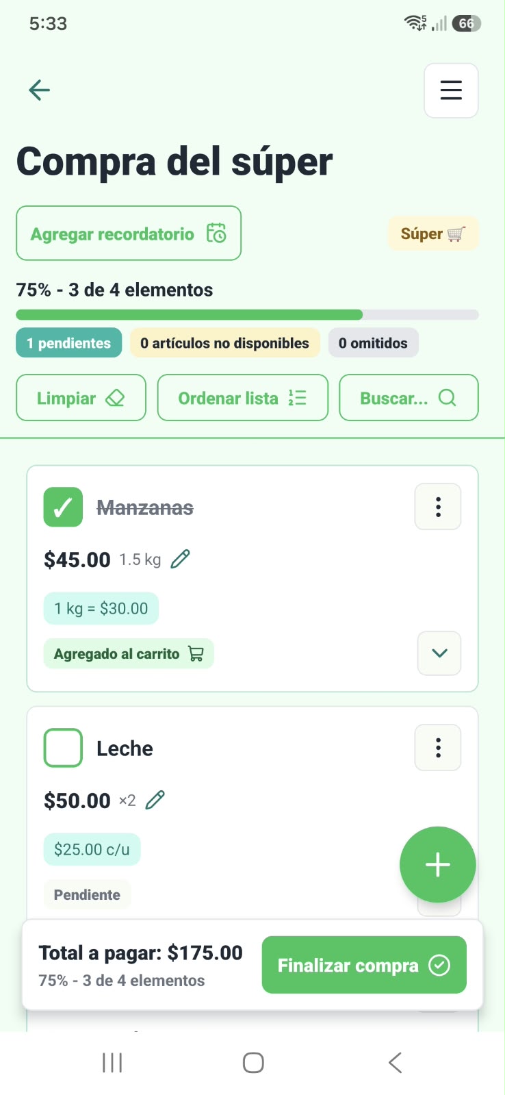 Detalle de una lista de compras en Listto con productos, precios y total a pagar