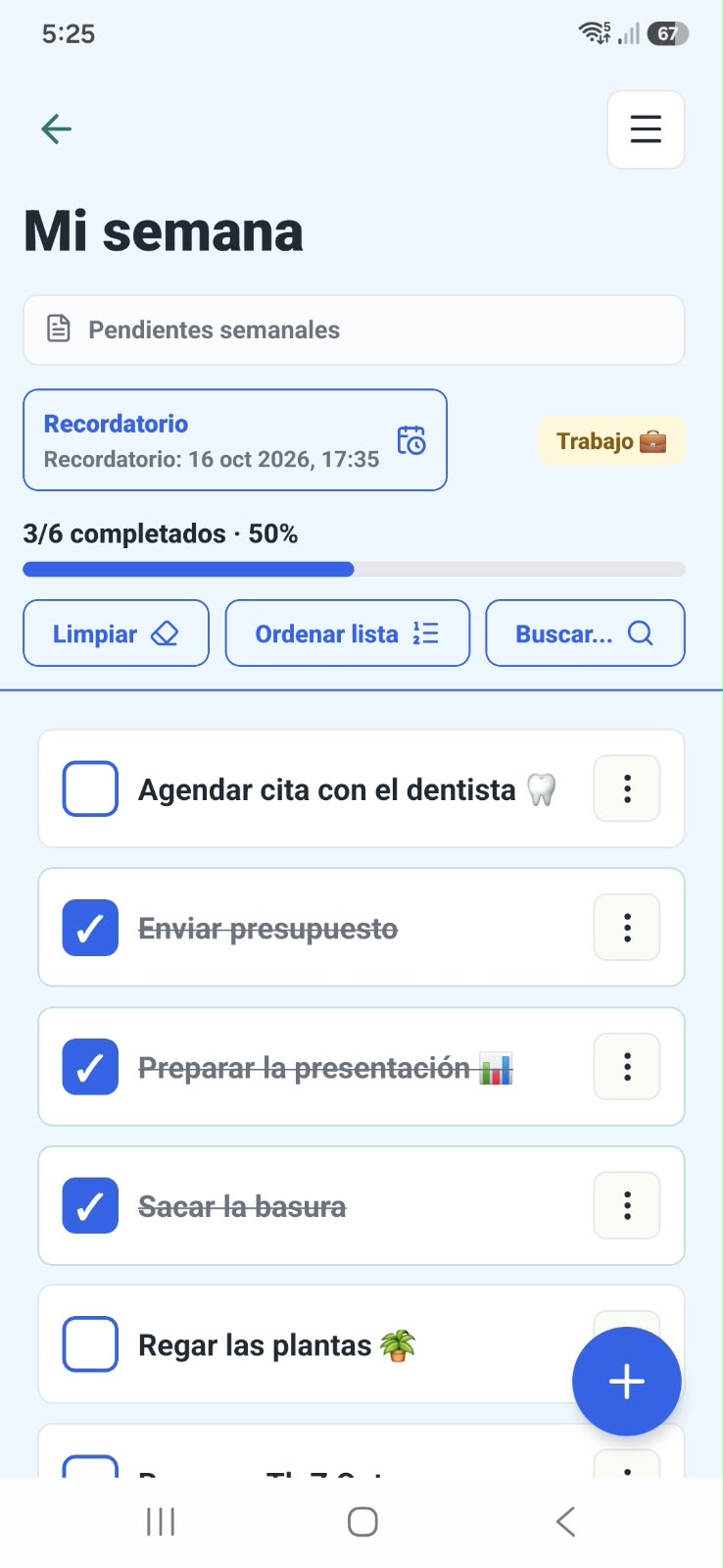 Detalle de una lista de tareas en Listto con recordatorio, progreso y tareas completadas